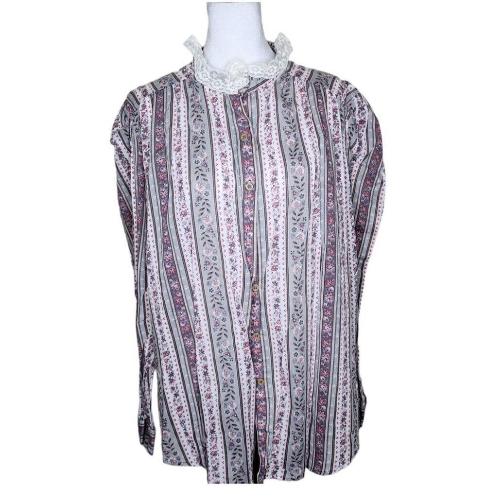 Vintage Long Sleeve High Neck Prairie Button Down Top Blouse Womens 2XL Gray